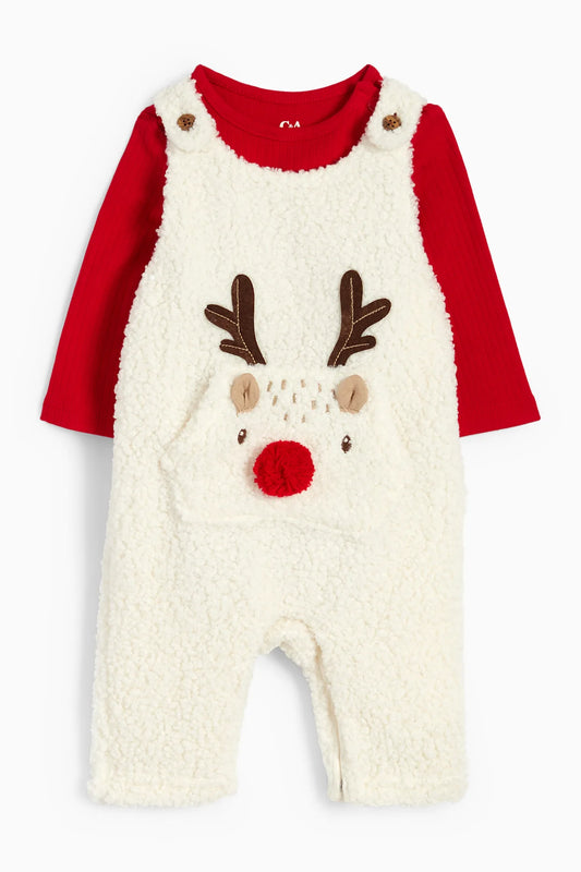 Christmas fluffy teddy dungarees set