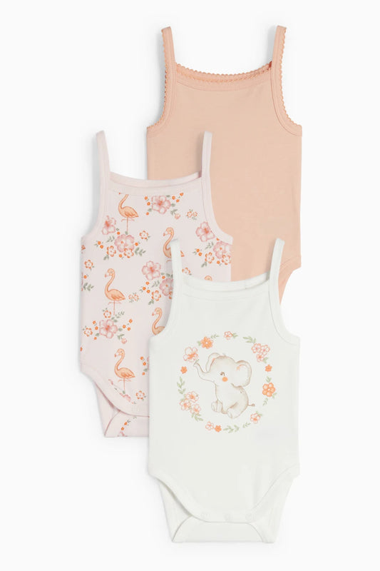 Pack of 3 bodysuits with spaghetti straps - Elephant and Flamingo
