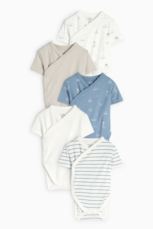 Pack of 5 baby wrap bodysuits - Sail Boat