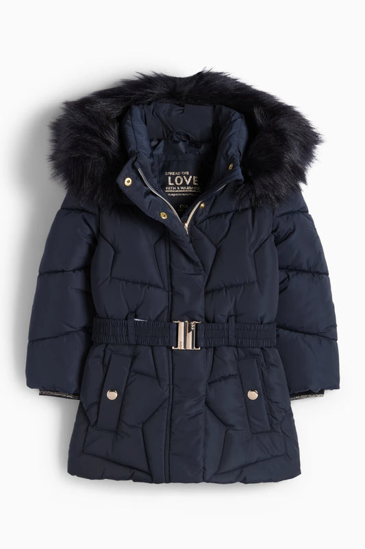 Quilted jacket with hood and faux fur trim - Navy