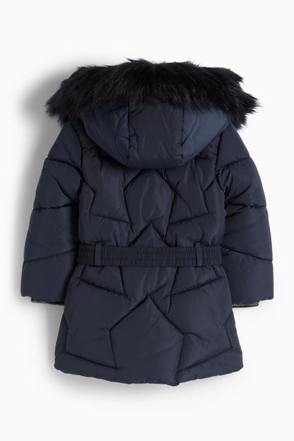 Quilted jacket with hood and faux fur trim - Navy