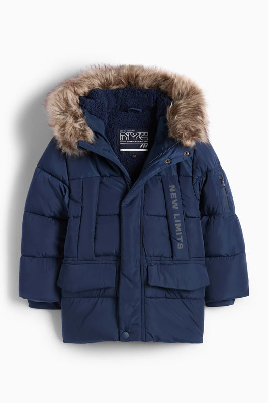 Quilted jacket with hood and faux fur trim