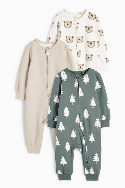 Bear - Pack of 3 lined sleepsuits