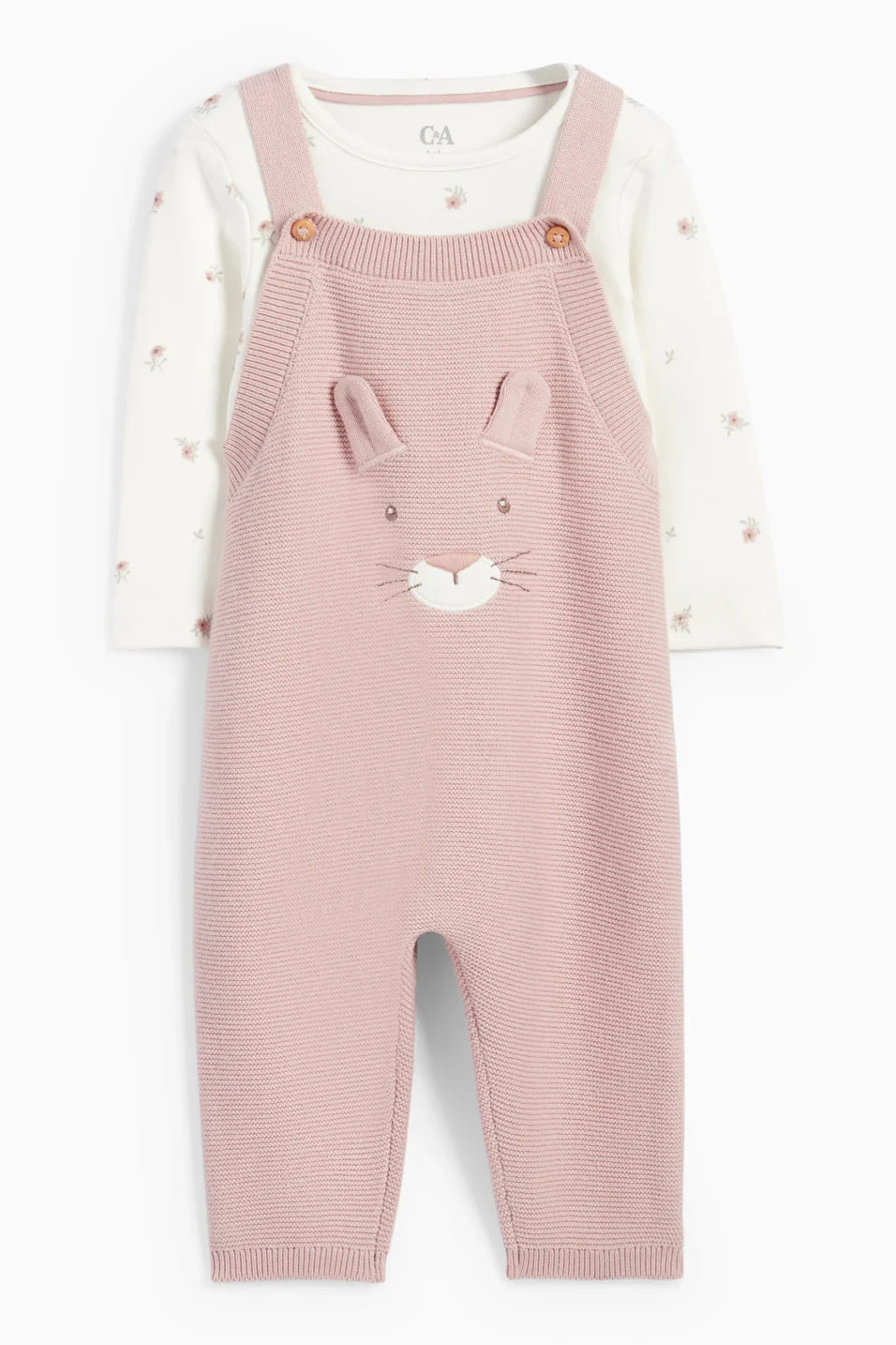 Flowers and Bunnies - 2 pieces knitted dungarees set