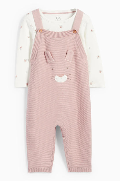 Flowers and Bunnies - 2 pieces knitted dungarees set