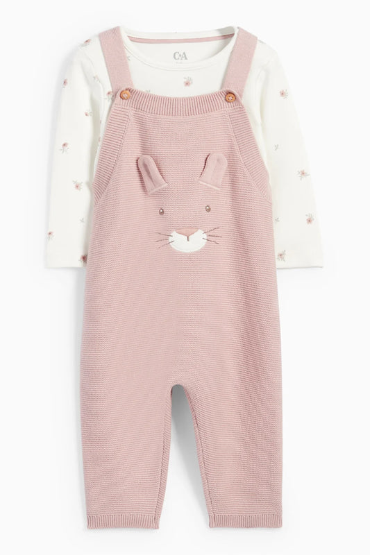 Flowers and Bunnies - 2 pieces knitted dungarees set