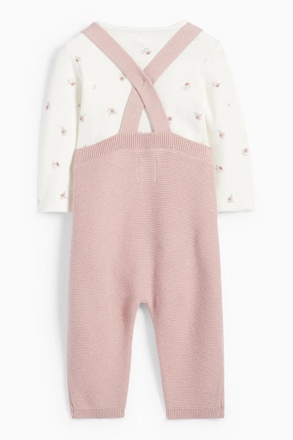 Flowers and Bunnies - 2 pieces knitted dungarees set