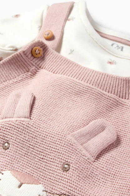 Flowers and Bunnies - 2 pieces knitted dungarees set