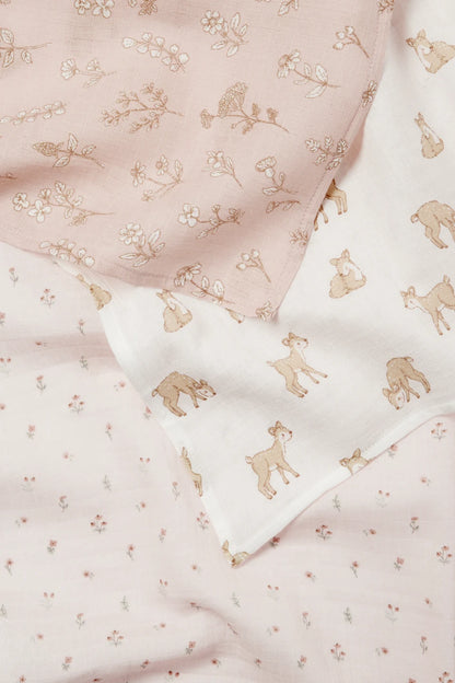 Pack of 3 muslin squares - Flowers and Deer