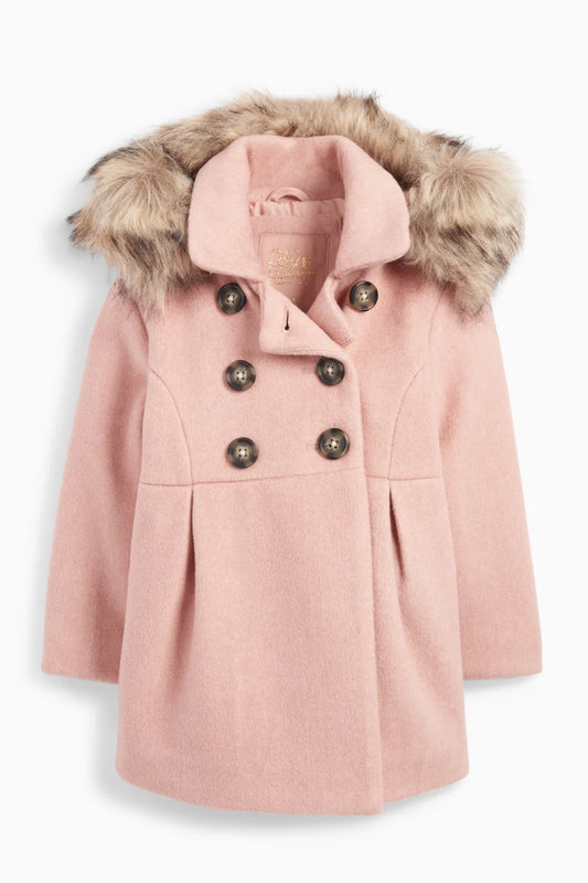 Hooded coat with faux fur trim
