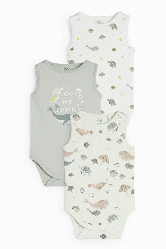 Pack of 3 sleeveless bodysuits - Marine animals