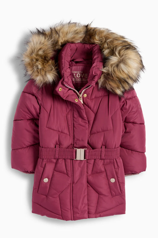 Quilted jacket with hood and faux fur trim