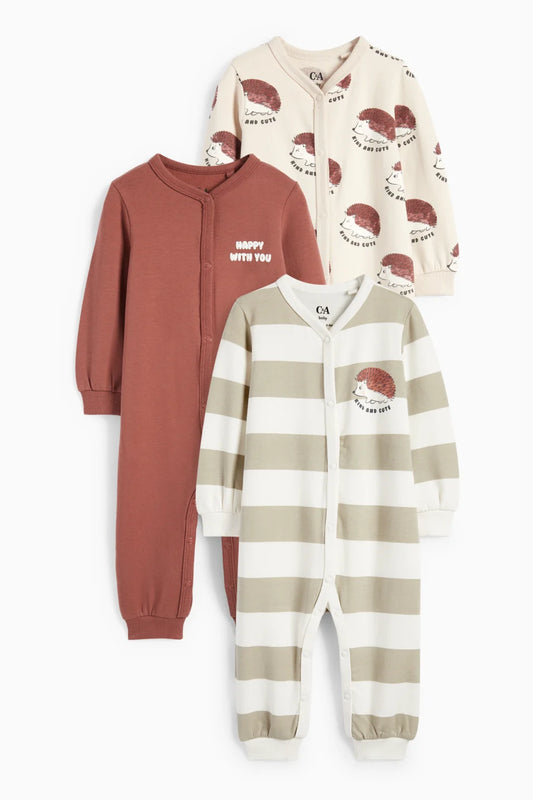 Hedgehog - Pack of 3 lined sleepsuits