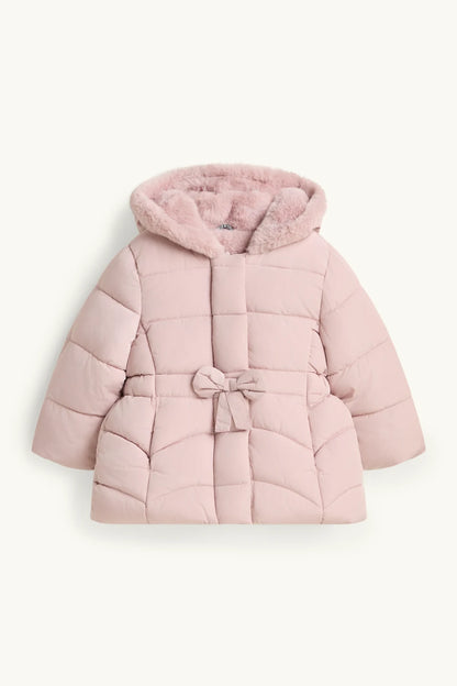 Bows - Quilted Jacket with Hood and Faux Fur