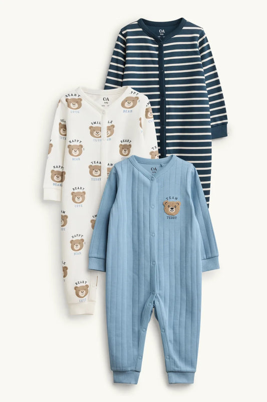 Bear - Pack of 3 Cotton Sleepsuits