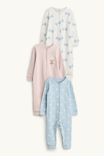 Bunny, Bow and Heart - Pack of 3 Cotton Sleepsuits