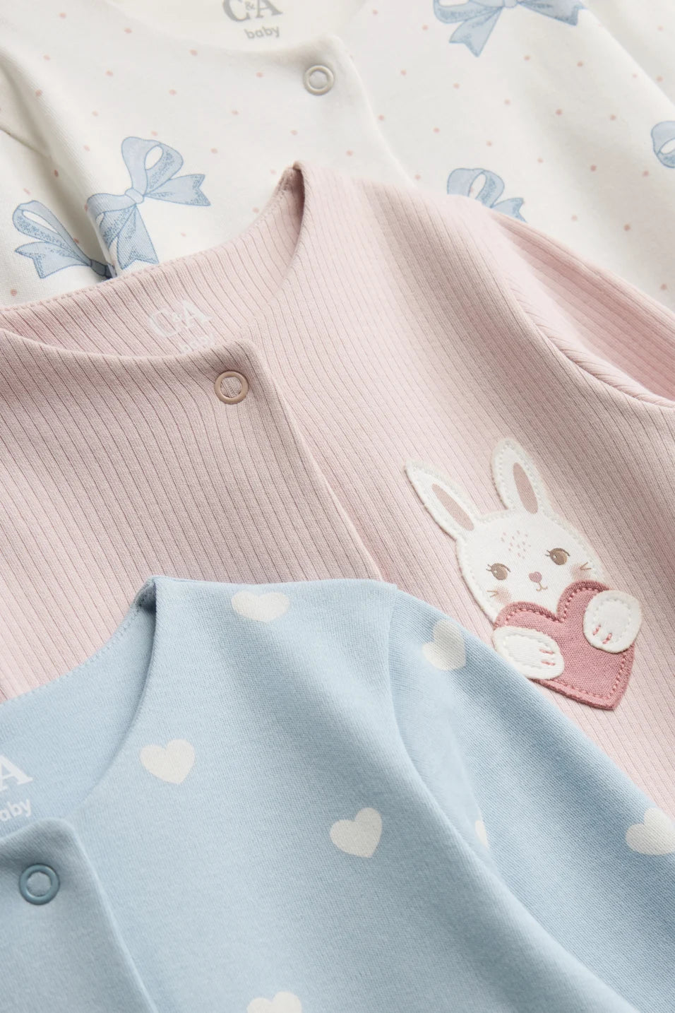 Bunny, Bow and Heart - Pack of 3 Cotton Sleepsuits