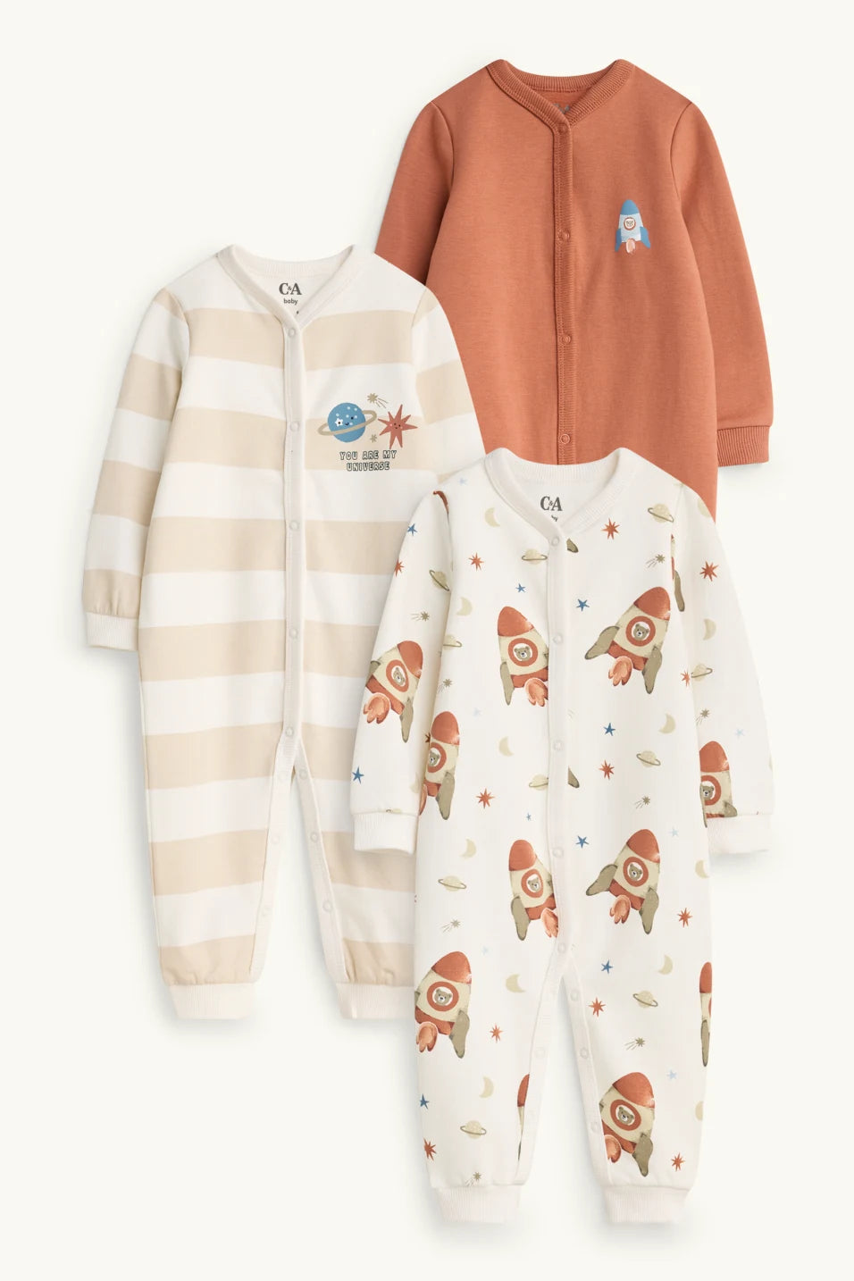 Planet and Bear - Pack of 3 lined Sleepsuits