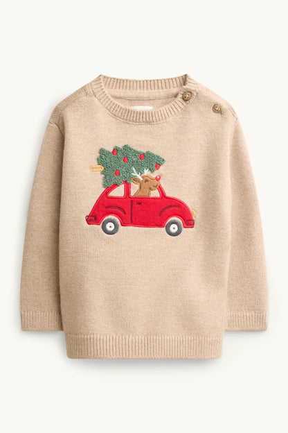 Reindeer, Car and Christmas Tree - Baby Christmas Sweater