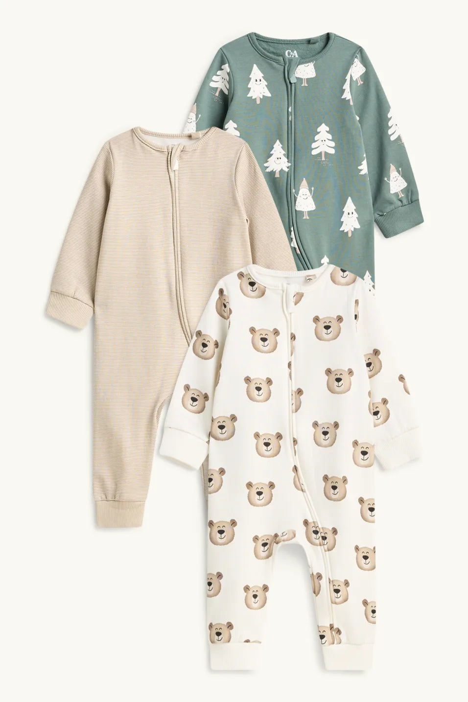 Bear and Tree - Pack of 3 lined Sleepsuits