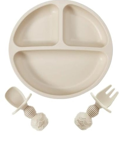 3 pieces set - Divided Suction Plate with Spoon & Fork