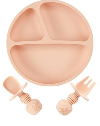 3 pieces set - Divided Suction Plate with Spoon & Fork