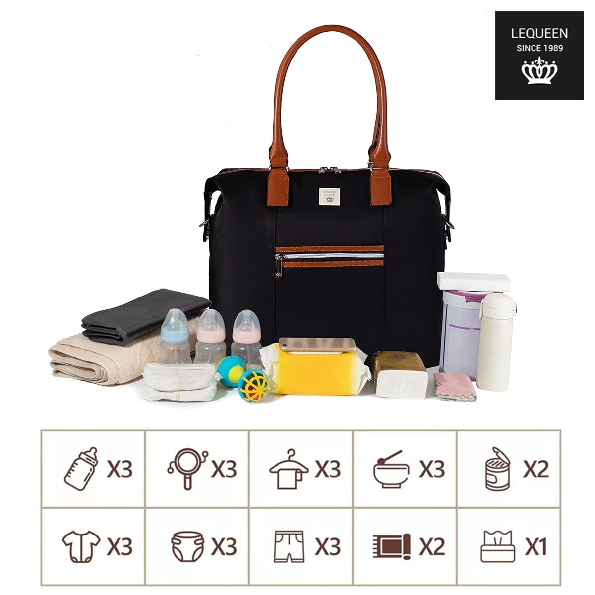 Lequeen Diamond 7TH Edition Waterproof Original Mommy Bag – Shoulder Black - Black