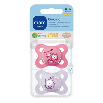 MAM Original - Pack of 2 natural rubber Pacifiers - 0-6 Months - Fox/Owl Pink