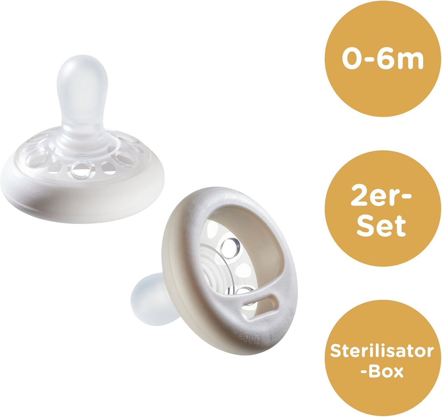 Tommee Tippee Breast-Like pacifier, BPA-Free, Includes Sterilizer Box, 0-6m, Pack of 2 - Offwhite