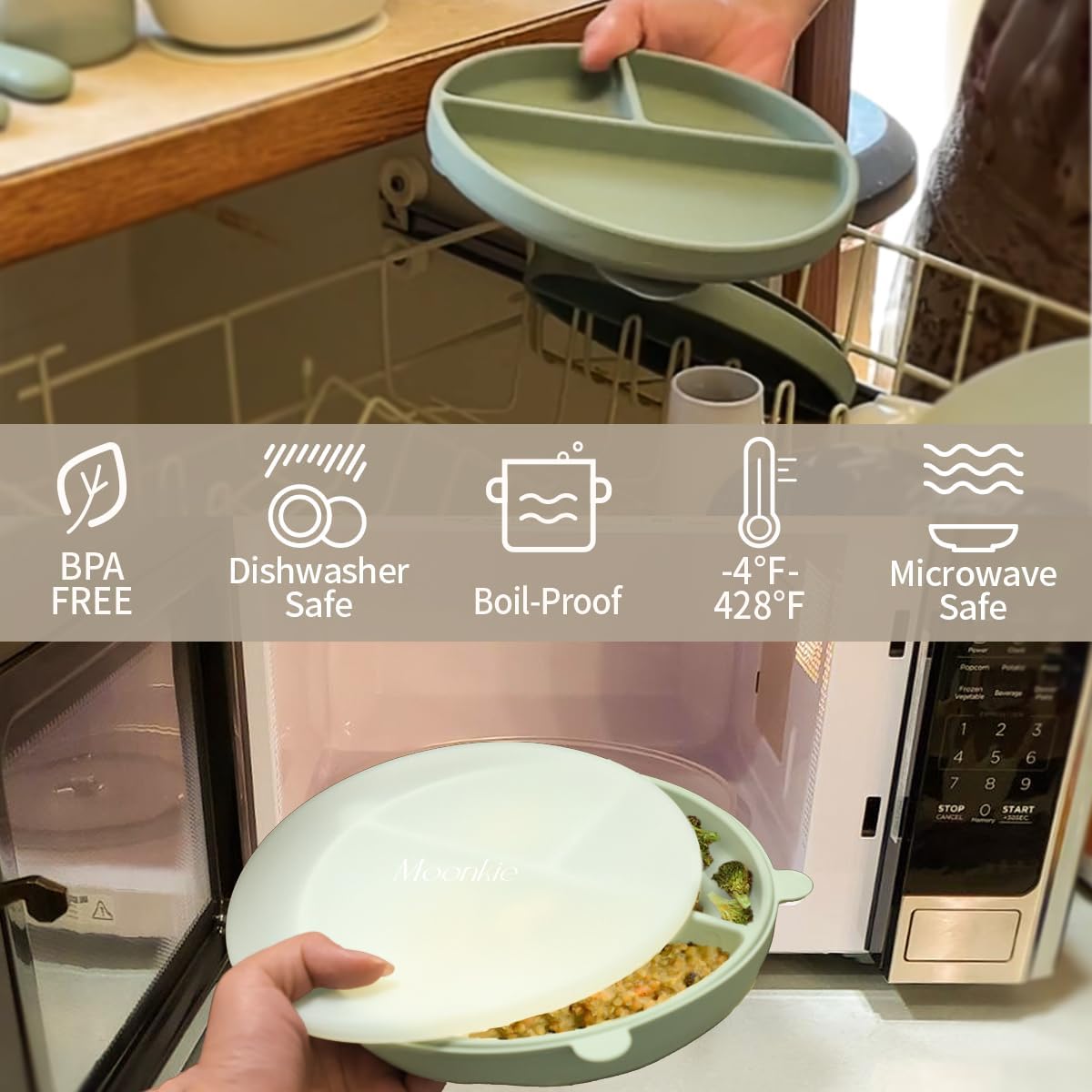 Non-Slip divided Silicone Plate with Lid + gift cutlery