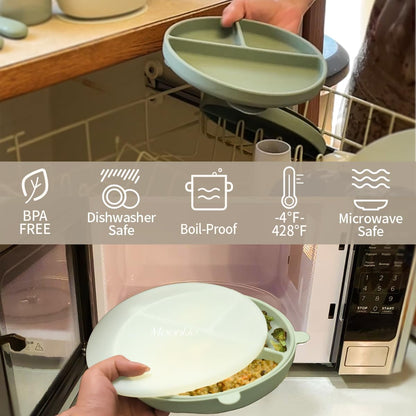 Non-Slip divided Silicone Plate with Lid + gift cutlery