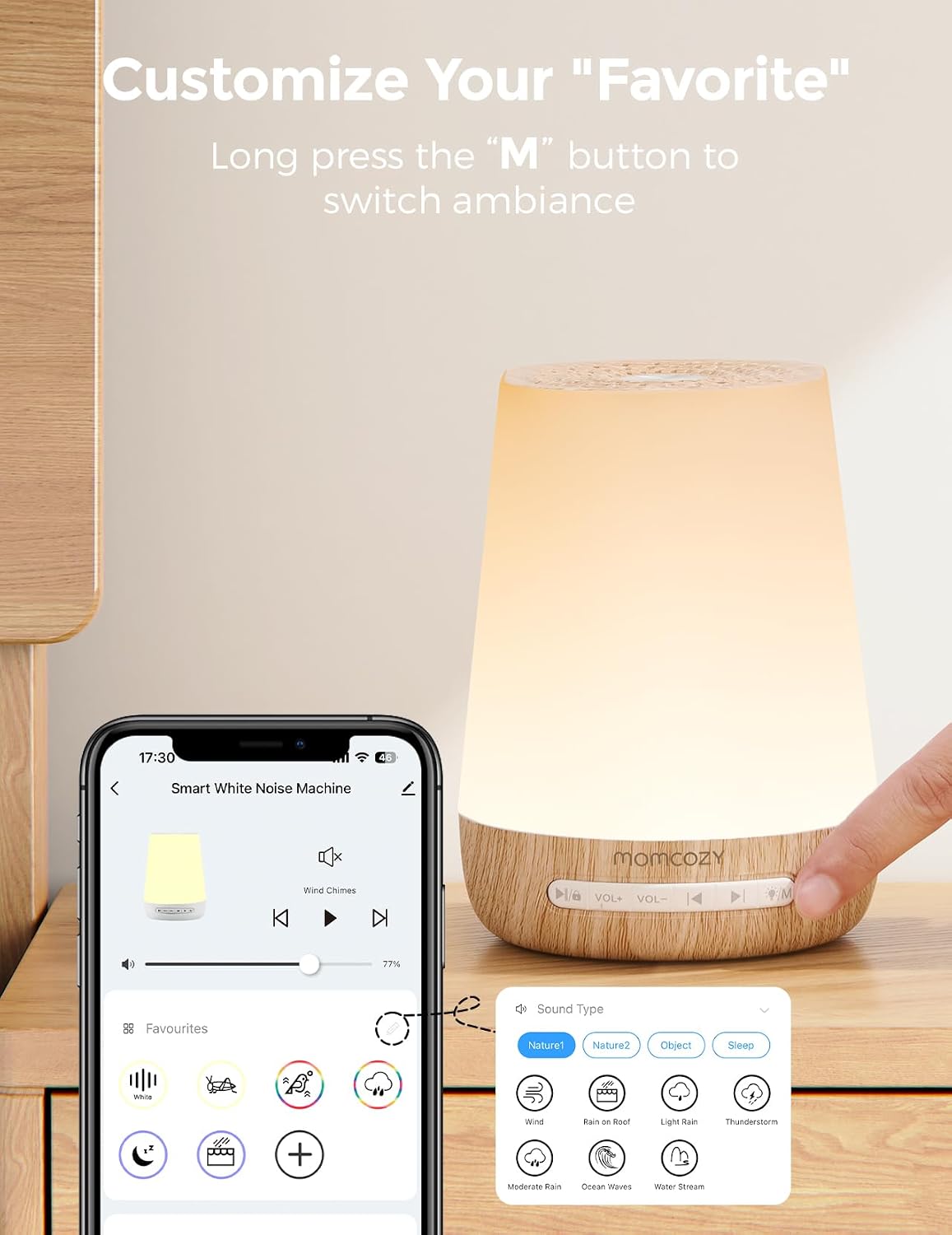 Momcozy Smart Baby Sound Machine - App Remote Control - Wood Grain