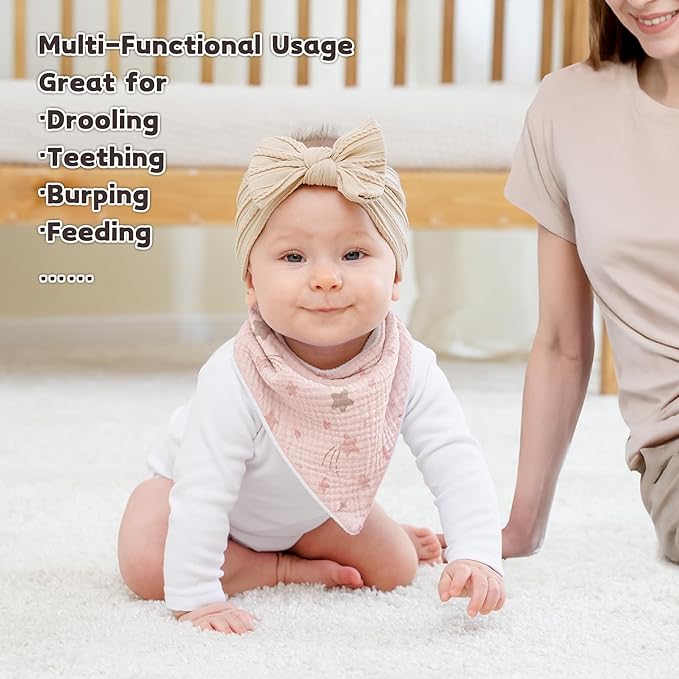 Pack of 6 Soft Triangular Adjustable Drool Bibs - Printed Pink