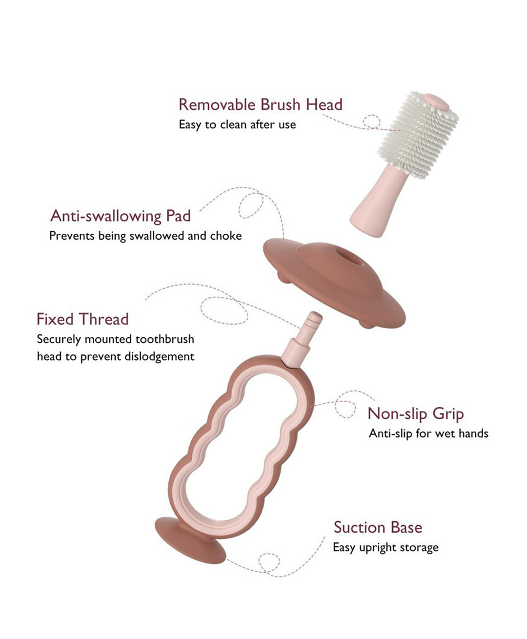 MomCozy Baby Silicone Toothbrush & Tongue Cleaner, 12 Months+, Pinkish Brown