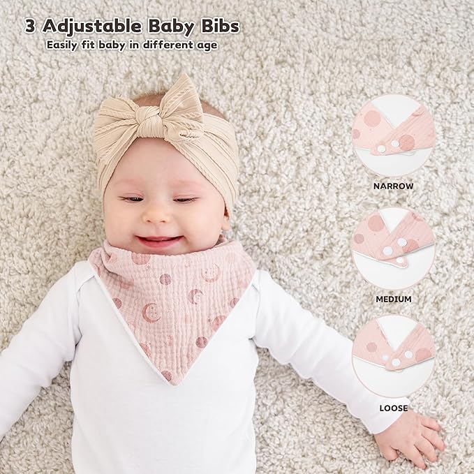 Pack of 6 Soft Triangular Adjustable Drool Bibs - Printed Pink