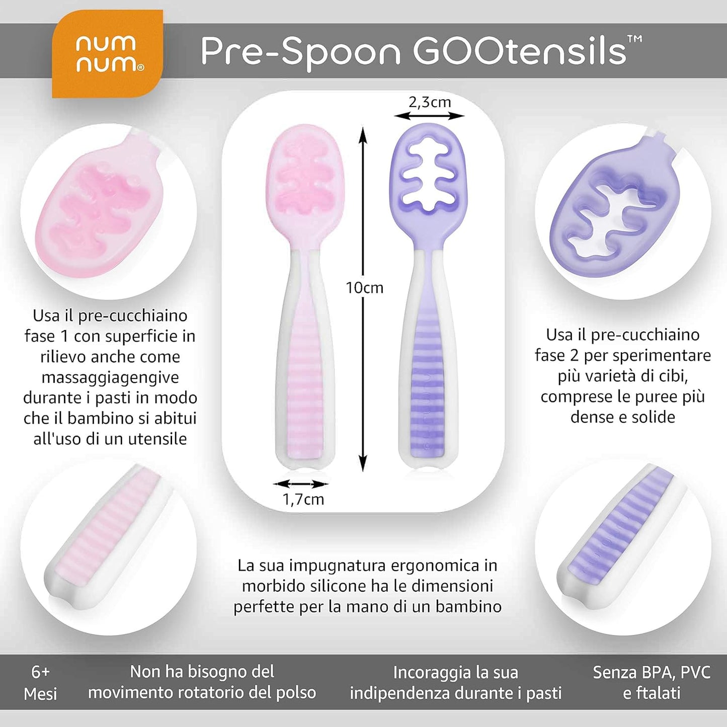 NumNum GOOtensils First Stage Self-Feeding Spoons for Baby Led Weaning (BLW), 2 Pack - Purple / Pink