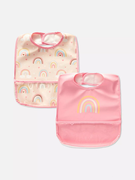 Pack of 2 wipeable bibs with pocket - pink rainbow