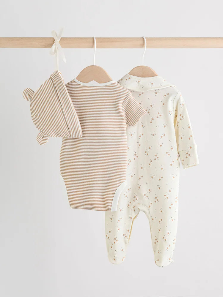 4 Piece Baby Set - Sleepsuit, Bodysuit, Beanie and Bib - Natural Beige