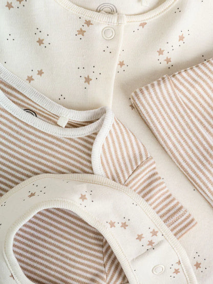 4 Piece Baby Set - Sleepsuit, Bodysuit, Beanie and Bib - Natural Beige