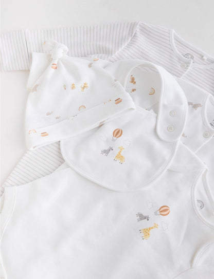 Baby Cotton - 5 Piece Set - 2 Sleepsuit, Bodysuit, Beanie and Bib (0/3 months)