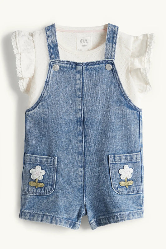 Floral - crocheted baby dungarees set - 2 piece