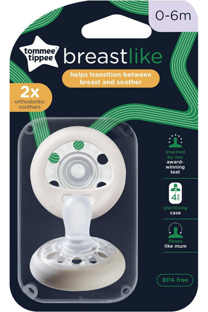 Tommee Tippee Breast-Like pacifier, BPA-Free, Includes Sterilizer Box, 0-6m, Pack of 2 - Offwhite