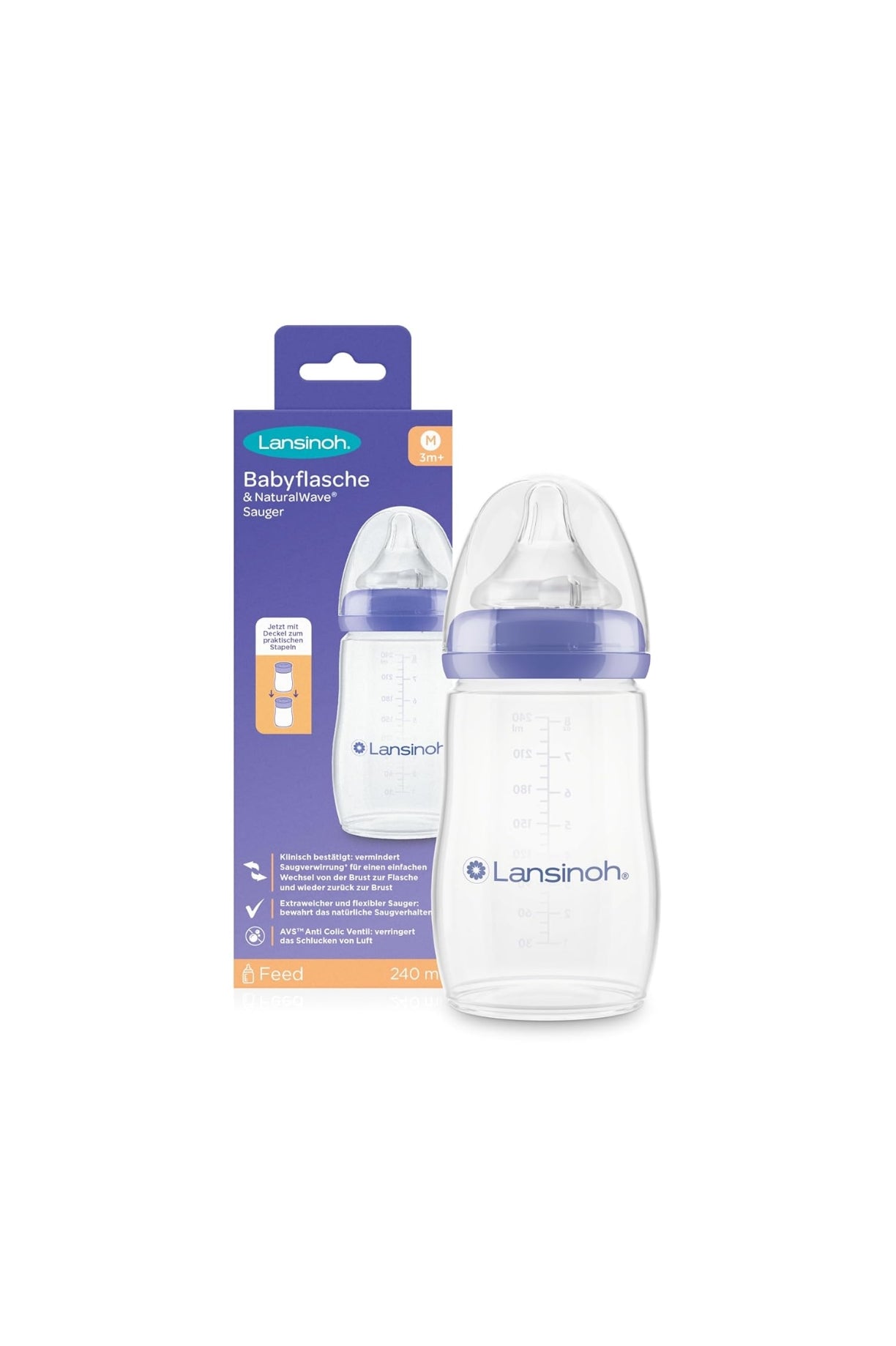 Lansinoh Baby Bottle with NaturalWave Teat Size M (3m+) , 240 ml