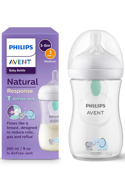 Philips Avent Natural Response - With AirFree Vents - Baby Bottle – 1 Pack, flow 3 ,260ml - Elephant