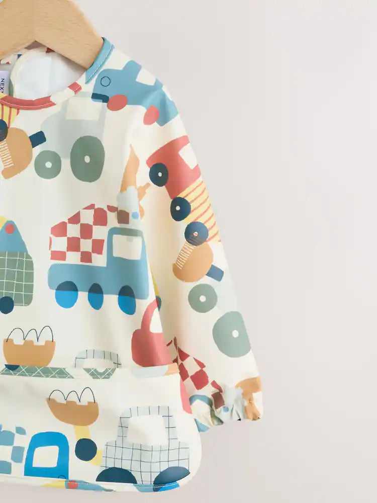 Weaning And Feeding Sleeved Bib - Blue/Red Transport
