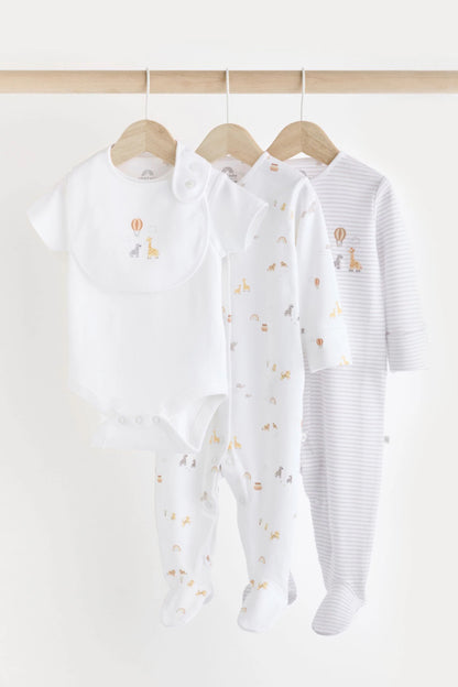 Baby Cotton - 5 Piece Set - 2 Sleepsuit, Bodysuit, Beanie and Bib (0/3 months)