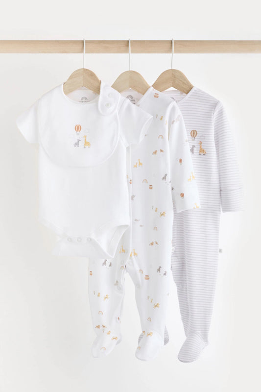 Baby Cotton - 5 Piece Set - 2 Sleepsuit, Bodysuit, Beanie and Bib (0/3 months)