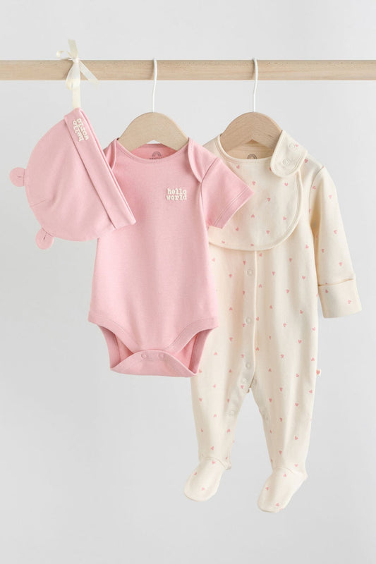 4 Piece Baby Set - Sleepsuit, Bodysuit, Beanie and Bib - Pink