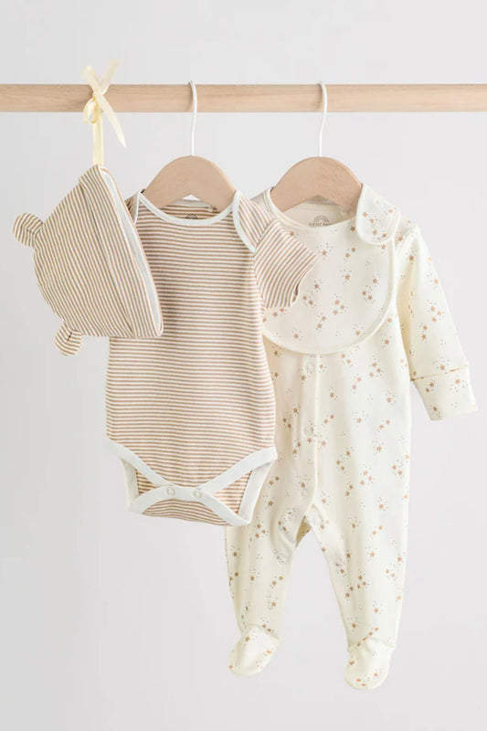 4 Piece Baby Set - Sleepsuit, Bodysuit, Beanie and Bib - Natural Beige