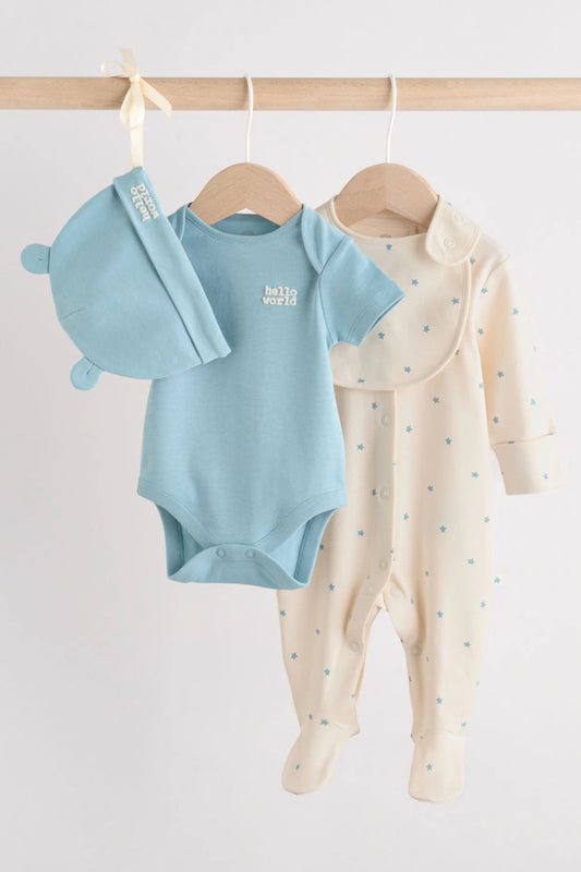 4 Piece Baby Set - Sleepsuit, Bodysuit, Beanie and Bib - Blue